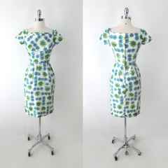 Vintage 50's Blue Green Floral Sheath Party Dress XS