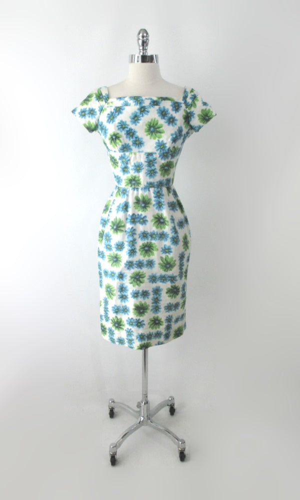 Vintage 50's Blue Green Floral Sheath Party Dress XS