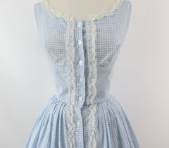 Vintage 50s 60s Light Blue Gingham Matching Top & Skirt Dress Set S - Bombshell Bettys Vintage