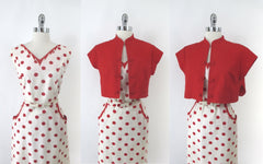 Vintage 50s White Red Polka Dot Dress & Matching Red Bolero 1X / XL