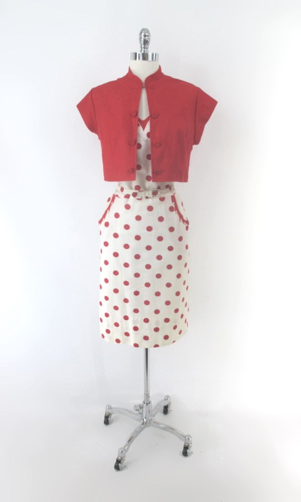 Vintage 50s White Red Polka Dot Dress & Matching Red Bolero 1X / XL