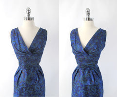 Vintage 50s Blue Paisley Sheath Dress L