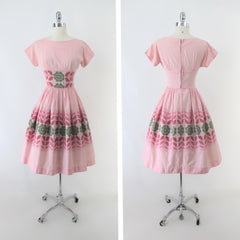 Vintage 50s Jean Leslie Pink Gingham Floral Day Party Dress S