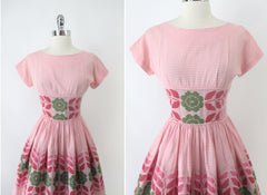 Vintage 50s Jean Leslie Pink Gingham Floral Day Party Dress S