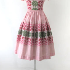 Vintage 50s Jean Leslie Pink Gingham Floral Day Party Dress S