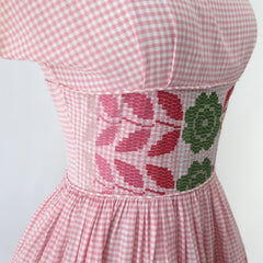 Vintage 50s Jean Leslie Pink Gingham Floral Day Party Dress S