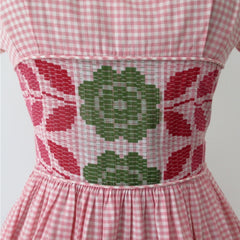 Vintage 50s Jean Leslie Pink Gingham Floral Day Party Dress S