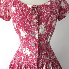 Vintage 50s Abstract Pink White Full Skirt Day Dress M