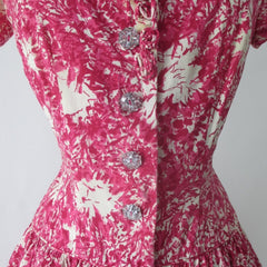 Vintage 50s Abstract Pink White Full Skirt Day Dress M