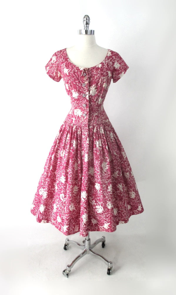 Vintage 50s Abstract Pink White Full Skirt Day Dress M
