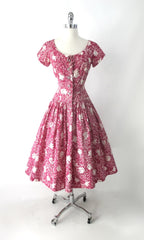 Vintage 50s Abstract Pink White Full Skirt Day Dress M