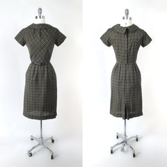 Vintage 50's Green Plaid Sheath Dress XS