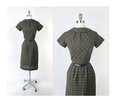 Vintage 50's Green Plaid Sheath Dress XS