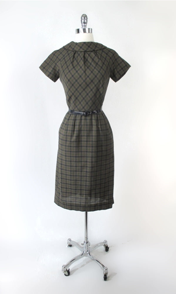 Vintage 50's Green Plaid Sheath Dress XS