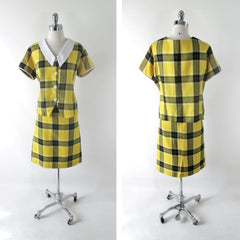 Vintage 60's Yellow Plaid Skirt & Top Suit Set XXL 2XL Plus - Bombshell Bettys Vintage