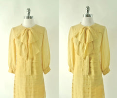 Vintage 60's Yellow Sheer Pussy Bow Shift Dress S - Bombshell Bettys Vintage