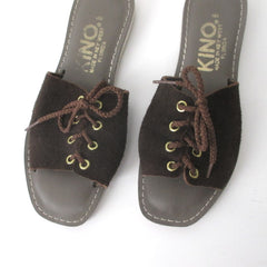 Vintage 60s Brown Lace Up Suede Slip On Flats Shoes 8