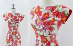 vintage 60's Elsie Krassas Hawaiian style floral sheath luau party dress gown flounced hem bombshell bettys vintage bodice
