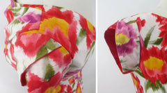 vintage 60's Elsie Krassas Hawaiian style floral sheath luau party dress gown flounced hem bombshell bettys vintage sleeve