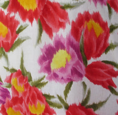 vintage 60's Elsie Krassas Hawaiian style floral sheath luau party dress gown flounced hem bombshell bettys vintage fabric print