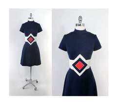 Vintage 60's Space Age Red White Blue Mod Mini Dress M