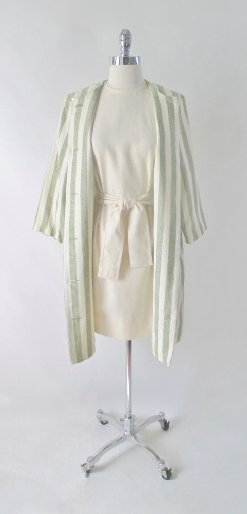 Vintage 60's Sheath Dress Matching Green Stripe Jacket Set L - Bombshell Bettys Vintage