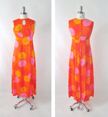 Vintage 60s Psychedelic Watteau Pleat Hawaiian Maxi Dress S - Bombshell Bettys Vintage