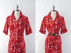 Vintage 60s Hawaiian Style Red Shirt Shift Dress S