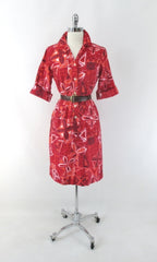 Vintage 60s Hawaiian Style Red Shirt Shift Dress S