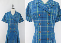 vintage 60s 1960s hob-nobber tartan blue plaid princess school dress bodice