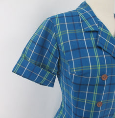 vintage 60s 1960s hob-nobber tartan blue plaid princess school dress cuff