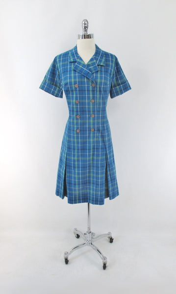 Vintage 60s Blue Tartan Plaid Button Front Princess Dress M Bombshell Bettys Vintage