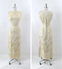 Vintage 60s Royal Lynne Gold Silk Evening Gown Sheath Dress S - Bombshell Bettys Vintage