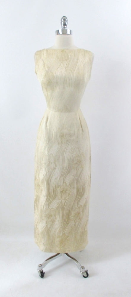 Vintage 60s Royal Lynne Gold Silk Evening Gown Sheath Dress S - Bombshell Bettys Vintage