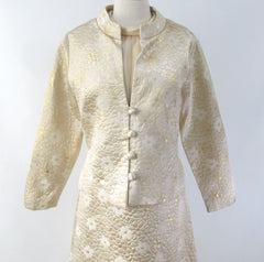 Vintage 60s Quilted Gold Brocade & Chiffon Dress Matching Jacket Party Set L