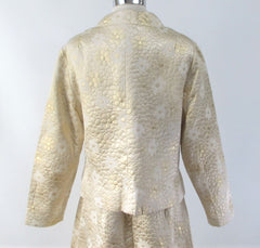 Vintage 60s Quilted Gold Brocade & Chiffon Dress Matching Jacket Party Set L