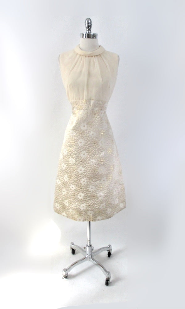 Vintage 60s Quilted Gold Brocade & Chiffon Dress Matching Jacket Party Set L