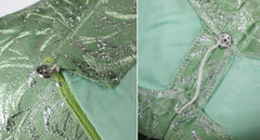 vintage 60s 1960s MOD a-line party lurex green silver dress details