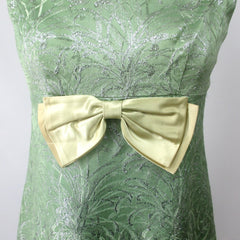 vintage 60s 1960s MOD a-line party lurex green silver dress bow