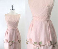 Vintage 60s 3D Pink Roses Full Skirt Party Dress S