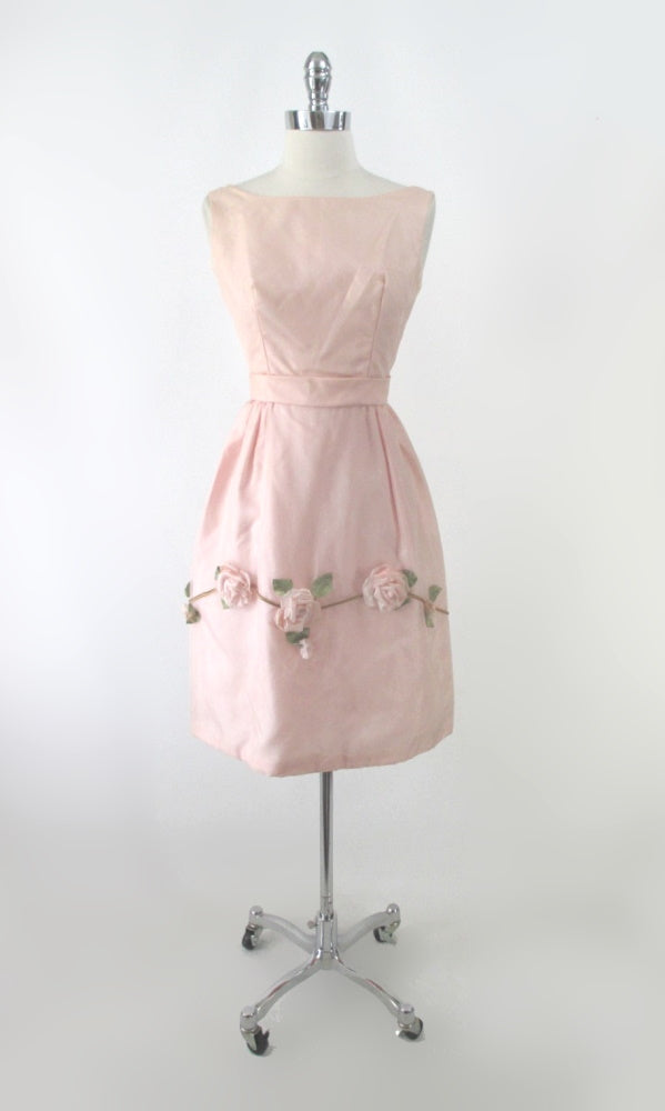 Vintage 60s 3D Pink Roses Full Skirt Party Dress S