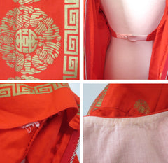 Vintage 60s Red Orange Watteau Pleated Hawaiian Dress XS