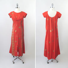 Vintage 60s Red Orange Watteau Pleated Hawaiian Dress XS