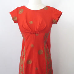 Vintage 60s Red Orange Watteau Pleated Hawaiian Dress XS
