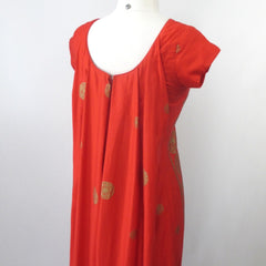 Vintage 60s Red Orange Watteau Pleated Hawaiian Dress XS