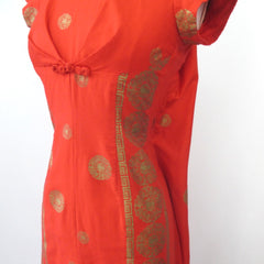 Vintage 60s Red Orange Watteau Pleated Hawaiian Dress XS