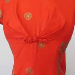 Vintage 60s Red Orange Watteau Pleated Hawaiian Dress XS