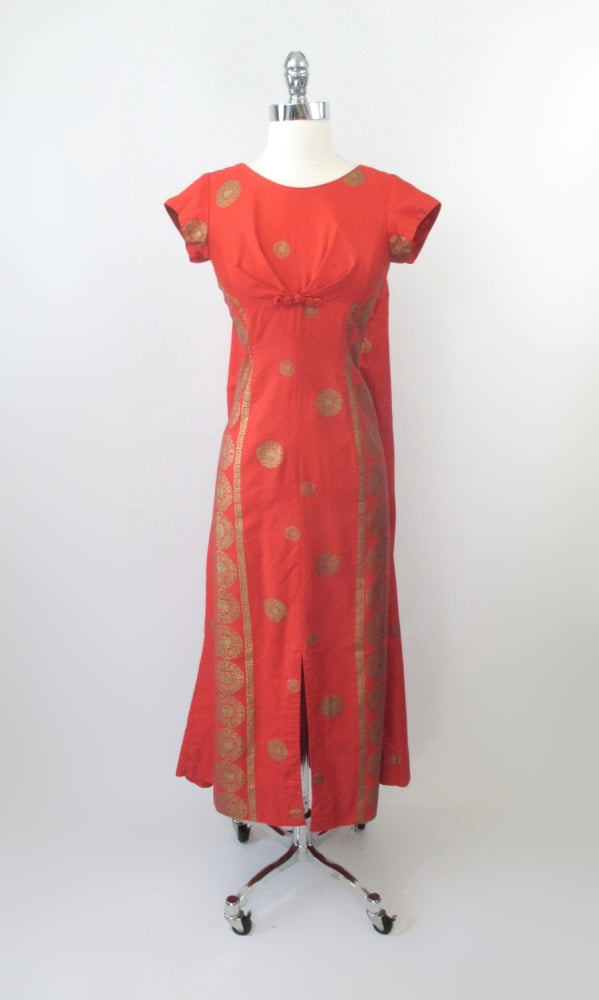 Vintage 60s Red Orange Watteau Pleated Hawaiian Dress XS