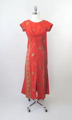 Vintage 60s Red Orange Watteau Pleated Hawaiian Dress XS