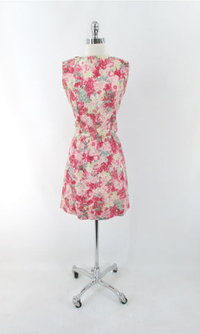 Vintage 60s Pink Floral A Line Party Dress L